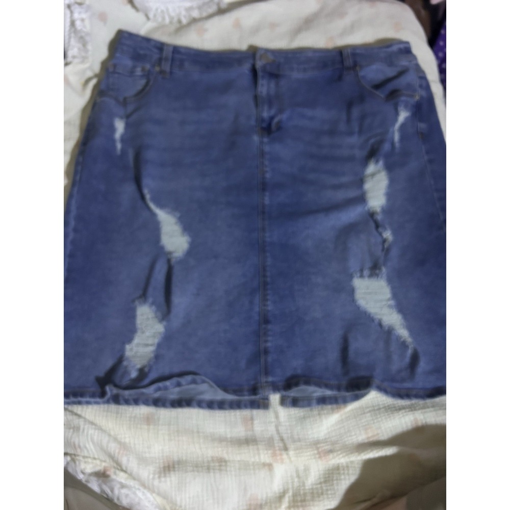 Alivia Ford Denim Skirt‎ 20W Distressed Stretch Blue Jean Knee Length Plus Size